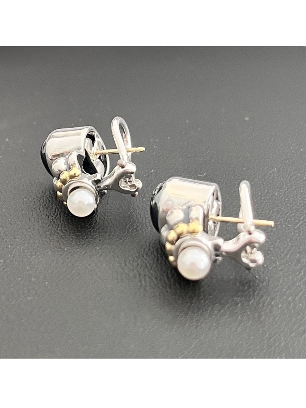 Vintage Lagos Hematite, Pearl, Sterling Silver and 18kt Yellow Gold Earrings - Picture 7 of 11